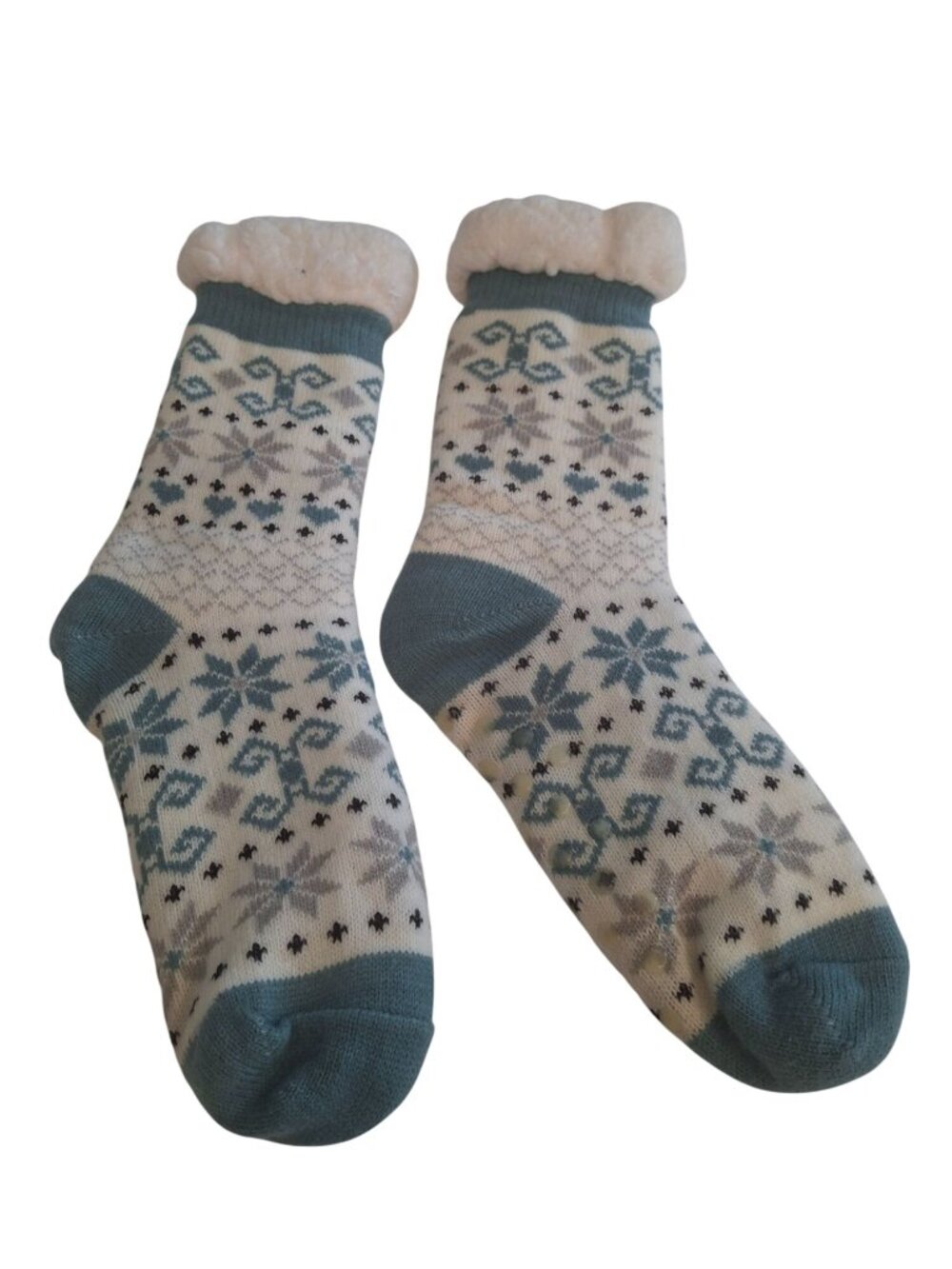 Womens Fair Isle Slipper Socks Sherpa Lined Non Slip Cozy Cottagecore Winter